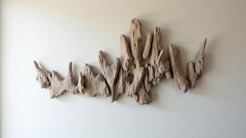 Abstrakte Kunstinstallation aus Treibholz an einer Wand
