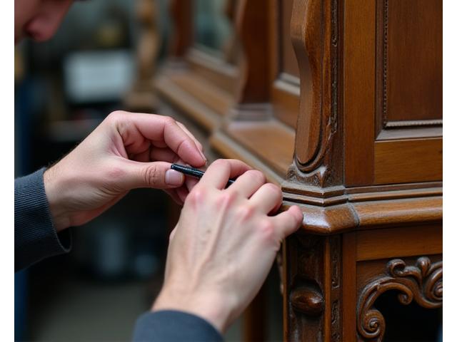 Ein Restaurator arbeitet sorgfältig an einem alten, verzierten Holzmöbelstück.